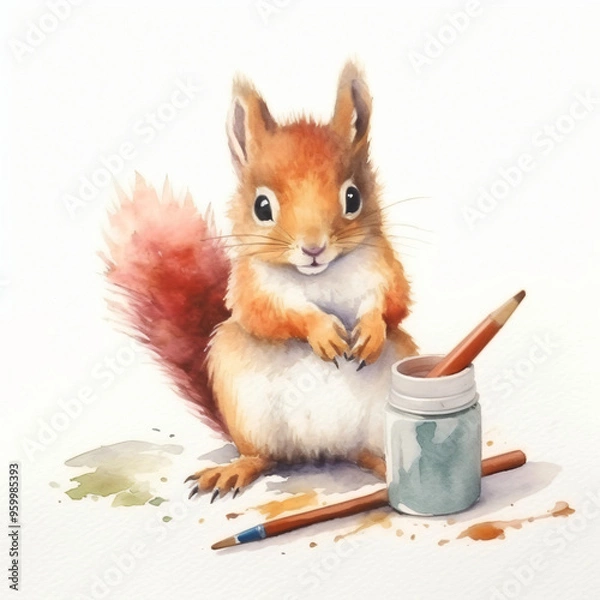 Fototapeta Baby Eichhörnchen malt mit stiften und pinseln