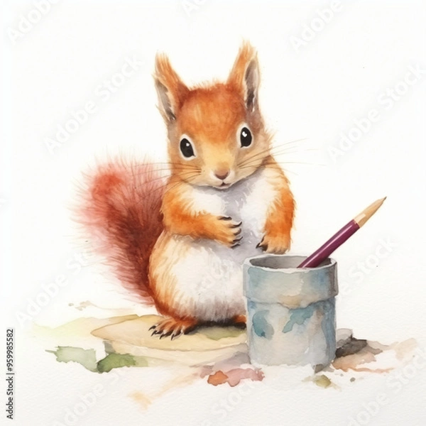 Fototapeta Baby Eichhörnchen malt mit stiften und pinseln