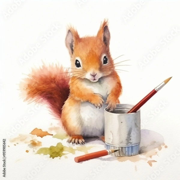 Fototapeta Baby Eichhörnchen malt mit stiften und pinseln