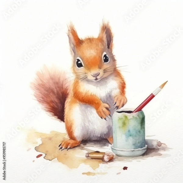 Fototapeta Baby Eichhörnchen malt mit stiften und pinseln