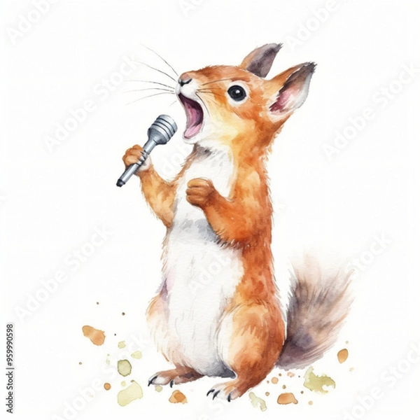 Fototapeta Baby Eichhörnchen singt Karaoke mit Mikrofon und offenem Mund