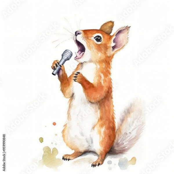 Fototapeta Baby Eichhörnchen singt Karaoke mit Mikrofon und offenem Mund