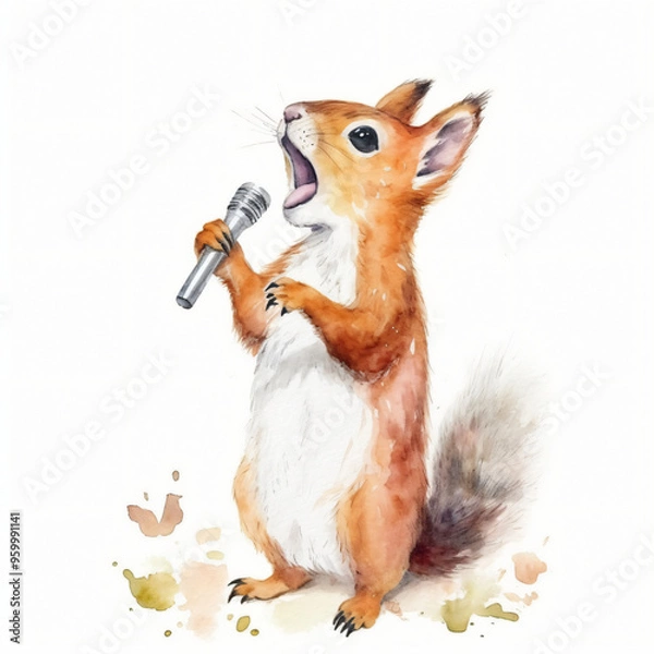 Fototapeta Baby Eichhörnchen singt Karaoke mit Mikrofon und offenem Mund