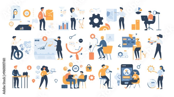 Fototapeta Teamwork web concept with people scenes mega set in flat design. Bundle of character situations with brainstorming for developing business,
