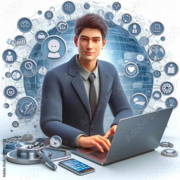 Fototapeta 3D illustration of male guy Qadir with laptop. social media concept.3D rendering on white background.
