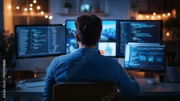 Obraz Software Developer Focused on Multiple Computer Screens in Modern Office at Night