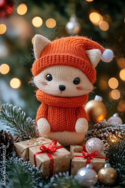 Fototapeta Knitted fox in red hat  -  cute hand made toy christmas gift, vertical image