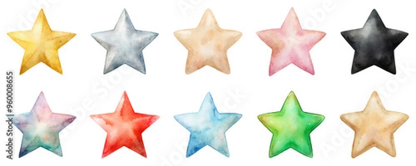 Fototapeta Colorful stars in a variety of bright shades depicted in soft watercolor illustration set. Objects in vibrant pastel tones isolated on transparent background.