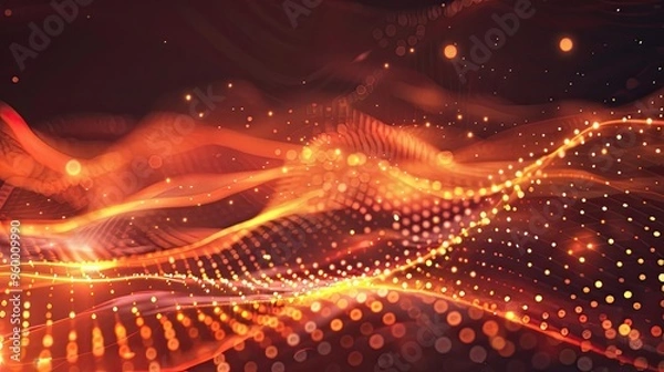 Fototapeta Metallic lines and glowing ember-like dots in fiery colors for a futuristic look