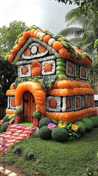 Fototapeta Creative mansion made out of sushi, mix of sushi and architecture, made of sushi rolls, fun atmosphere,