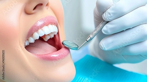 Fototapeta Close-up of a dentist examining a patient's teeth with dental instruments. Clean and healthy white teeth in a dental clinic.