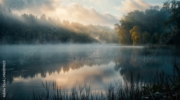 Fototapeta A tranquil lake surrounded by mist-covered forests, with sunlight breaking through to illuminate trees and reflect on the calm water..
