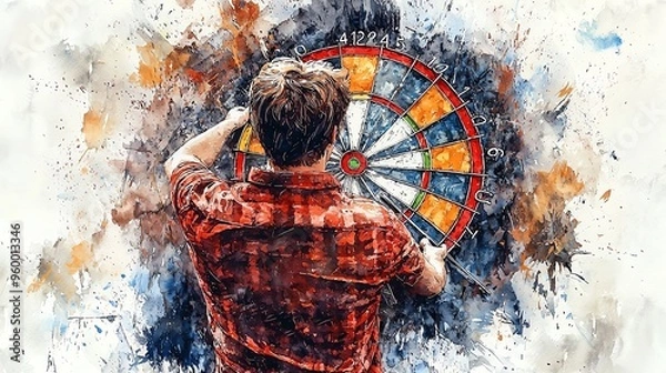 Fototapeta Colorful artistic depiction of a man playing darts, aiming at the dartboard. Dynamic and vibrant color splashes in the background.