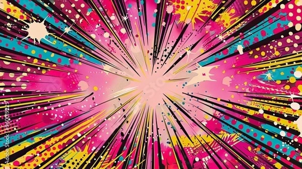Fototapeta Dynamic pink background with comic-inspired starbursts radial patterns and dots