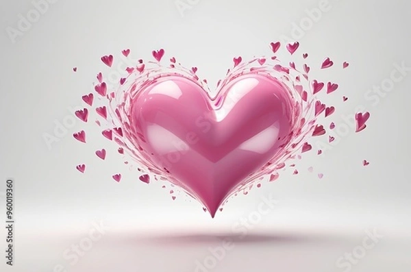Fototapeta A single 3D glossy pink heart on a bright white background. Made with generative AI technology
