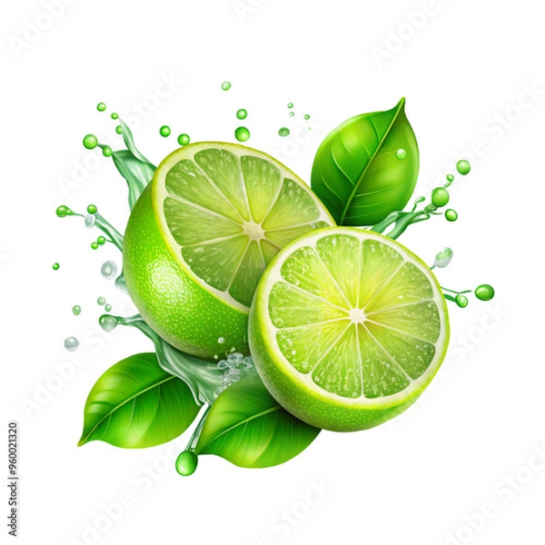 Fototapeta Lime transparent background limes with splash isolated on alpha layer