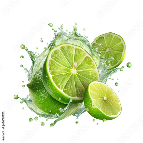 Fototapeta Lime transparent background limes with splash isolated on alpha layer
