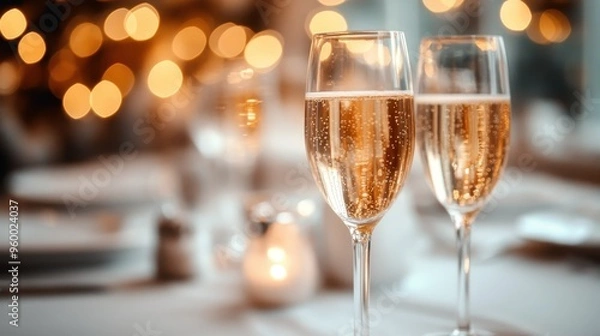Fototapeta Champagne glasses filled with a sparkling beverage are the focus, with a blurred festive background creating a warm and celebratory ambiance, showing elegance.