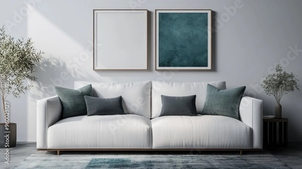 Fototapeta A modern white couch is placed in front of a wall with two framed pictures, creating a stylish and comfortable seating area with a blend of minimalist aesthetics.