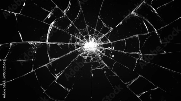 Fototapeta Broken shattered glass pattern on black background, sharp cracked glass texture, abstract destruction concept, dangerous broken window effect, damaged surface, accident, and impact design