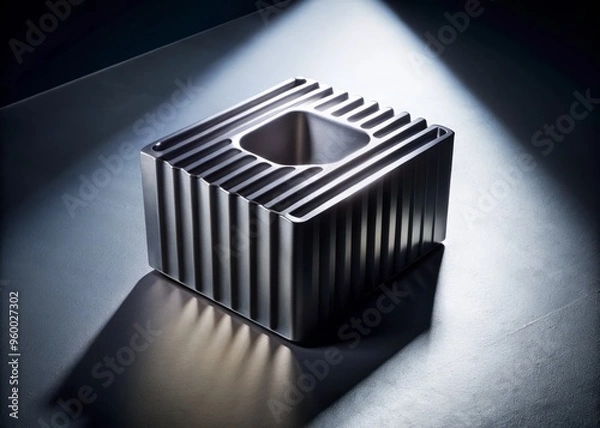 Fototapeta A graphite mold photographed in a modern, minimalist setting, with a bright, overhead light casting a sharp, defined shadow on the background