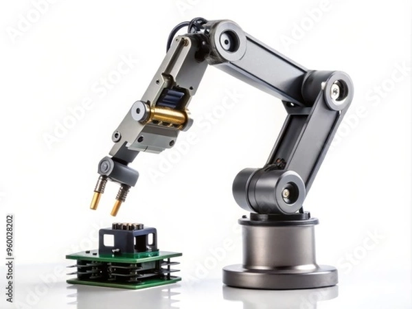 Fototapeta A miniature robotic arm, constructed with graphite composites, grasping a small electronic component, set against a clean white background to emphasize the precision and delicacy of the device.