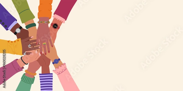 Obraz Different multiracial hands putting together. Concept of teamwork, social movement, partnership, cooperation. Hand drawn vector illustration isolated on light background.Modern flat cartoon style.
