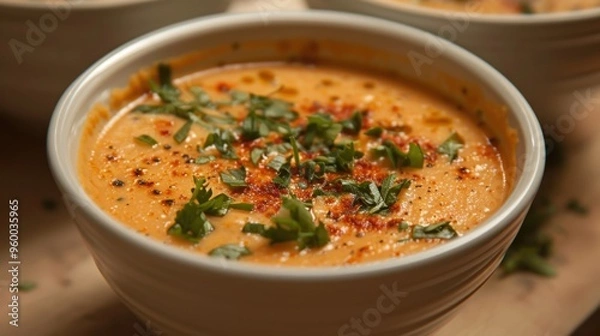 Fototapeta Creamy Cauliflower Soup Bowl Topped with Fresh Herbs and Spices. Spiced Cauliflower Soup