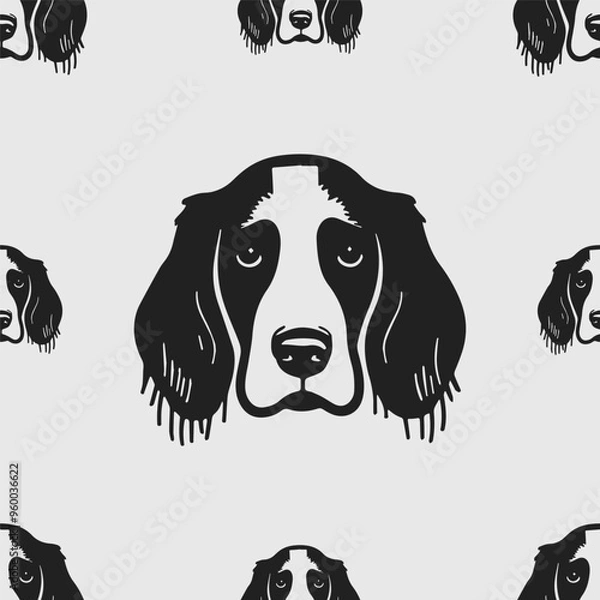 Fototapeta Seamless vector pattern with cute draw english springer spaniel dogs and dog food., paws. Simple doodle style.	
