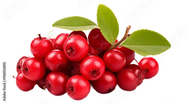 Fototapeta a bunch of red berries with green leaves. 