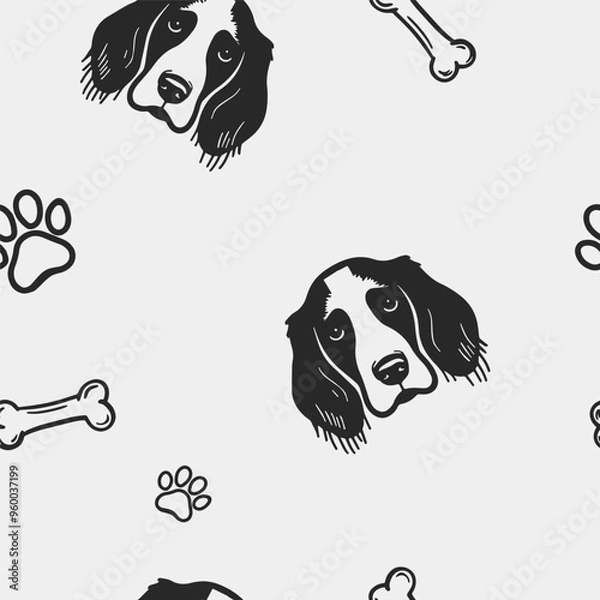 Fototapeta Seamless vector pattern with cute draw english springer spaniel dogs and dog food., paws. Simple doodle style.	
