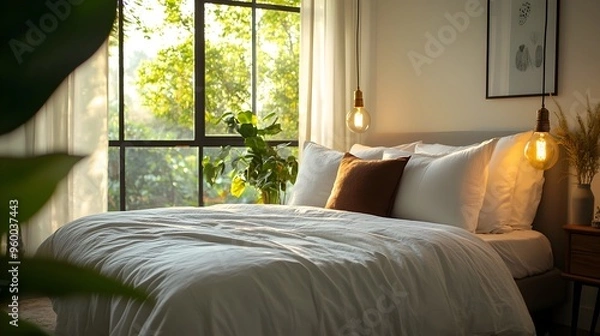 Fototapeta Serene and Stylish Modern Bedroom with Captivating Window View and Elegant Furnishings