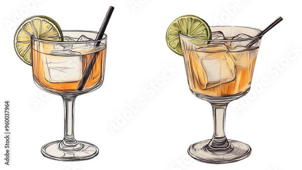 Fototapeta clipart set of two glasses of gin and tonic / cocktails  isolated on a transparent background,  watercolor drinks clipart illustration	