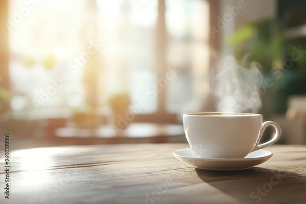 Obraz Steaming coffee cup on sunny table