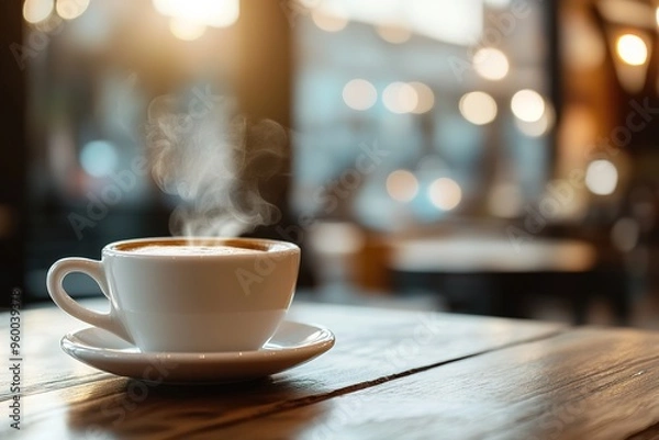 Fototapeta Steaming coffee cup on wooden table in cozy cafe