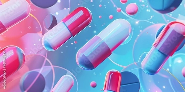 Fototapeta Abstract background with pills and drugs and abstract blue background with overlaid geometric shapes, minimalistic design.