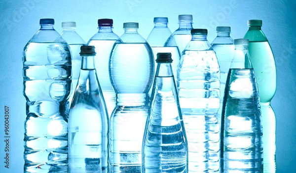 Fototapeta plastic mineral water bottles photographed against the light on a blue background
