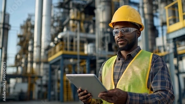 Fototapeta Industrial Engineer Using Digital Tablet at Refinery