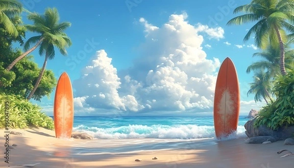 Fototapeta Two surfboards stand on a sandy beach with blue ocean waves in the background,  underneath a cloudy blue sky.