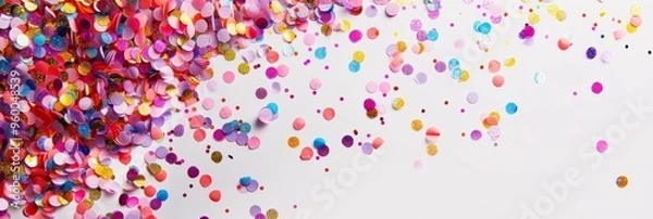 Fototapeta Colorful confetti spreads across a white surface during a festive event. Copy space. Festive background