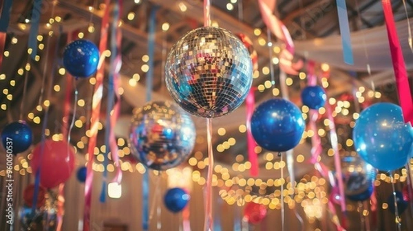 Obraz festive decorated place with balloons and disco balls creating a nostalgic atmosphere for an adult prom or disco