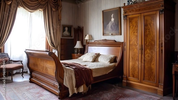 Fototapeta Elegant and cozy classic bedroom interior featuring a wooden sleigh bed heavy drapery and an ornate antique wardrobe creating a relaxing and traditional atmosphere