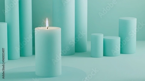 Fototapeta A lit candle radiates warmth and hope amidst numerous burning candles, set against a serene pastel background, inviting moments of reflection and tranquility
