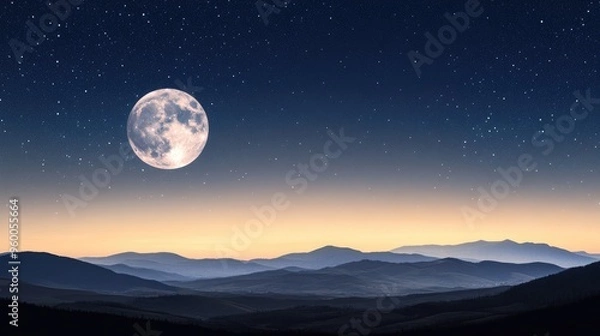 Fototapeta The full moon lights up a clear, starry sky with distant mountains silhouetted, creating a peaceful and serene night scene.