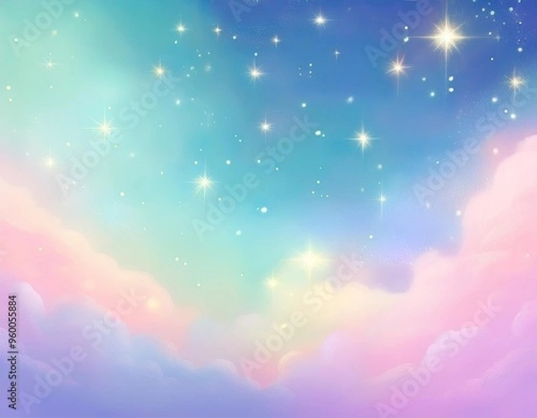 Fototapeta Dream background in pastel colors with beautiful clouds and sparkling stars