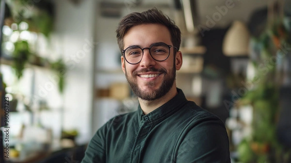 Fototapeta portrait of a man, man in the image has a warm, relaxed expression, with a genuine smile that conveys friendliness
