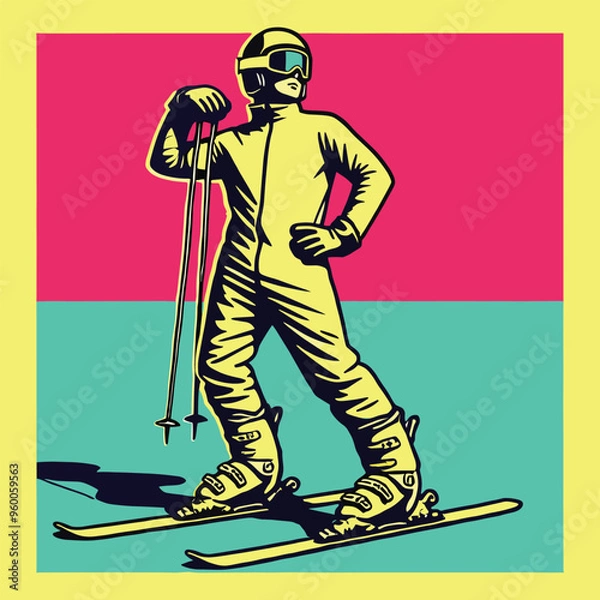 Obraz Skier after crossing the finish line struck cool poses. Vector illustration
