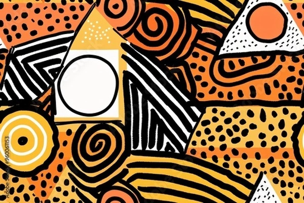 Fototapeta An abstract geometric pattern that combines a variety of shapes, colors, and textures. The use of warm tones, such as orange and yellow, adds energy and warmth to the design.