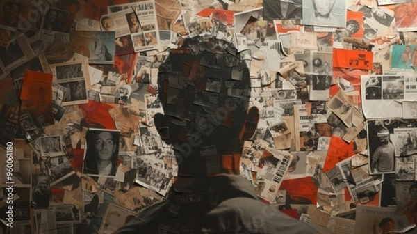 Obraz Man silhouetted against a collage of photographs and documents. Back view.