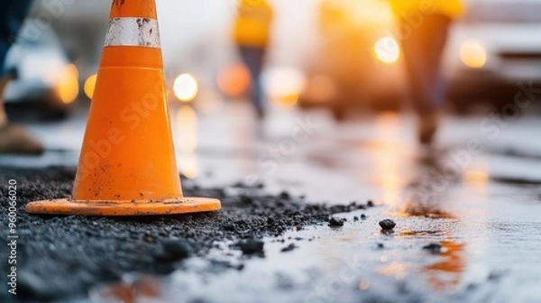 Fototapeta An orange traffic cone placed on a wet and muddy road with several people in the background, the image captures a dynamic urban scene highlighting caution and safety.